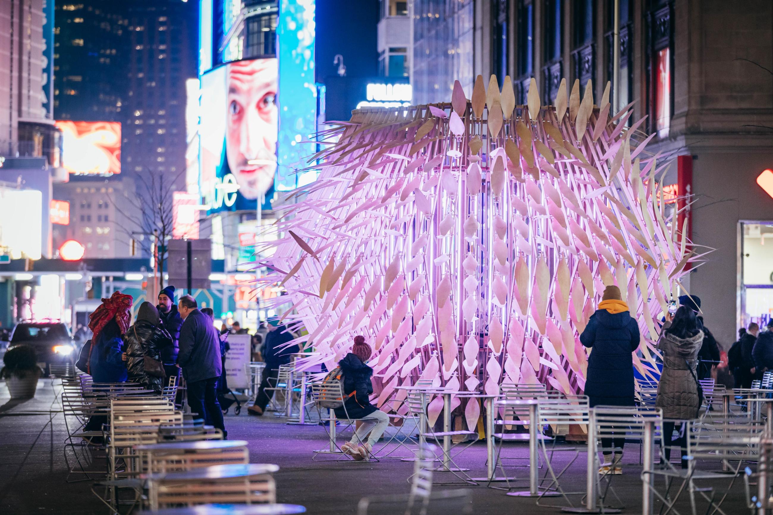 A glowing spikey ball of purple light on the Garment district plaza