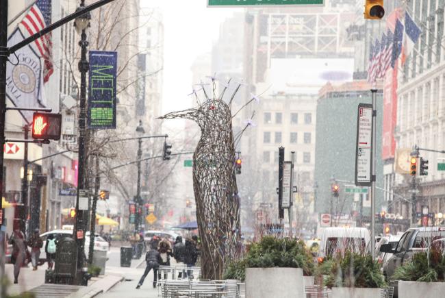 wide shot of a large sculpture of a bird constructed from sticks