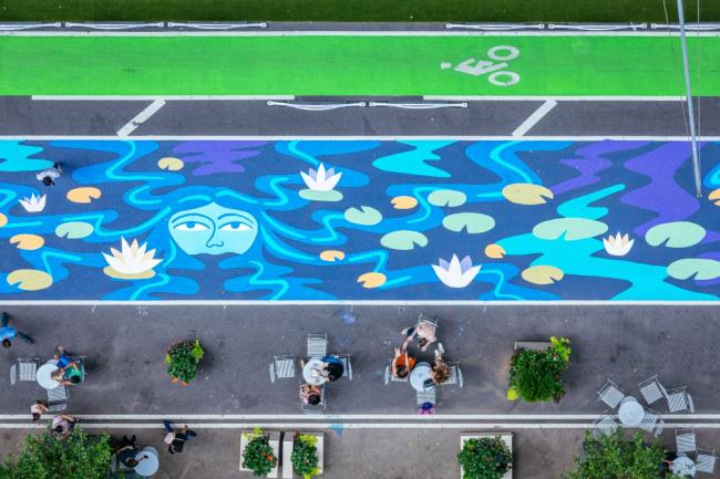 Overhead view of mural painted on street