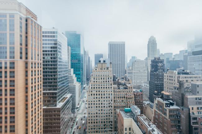 View from a high floor of the tops of buildings in the Garment District