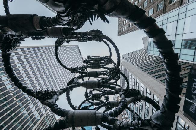 A close up view from below of shaved portions looking up through the bars at skyscrapers. 