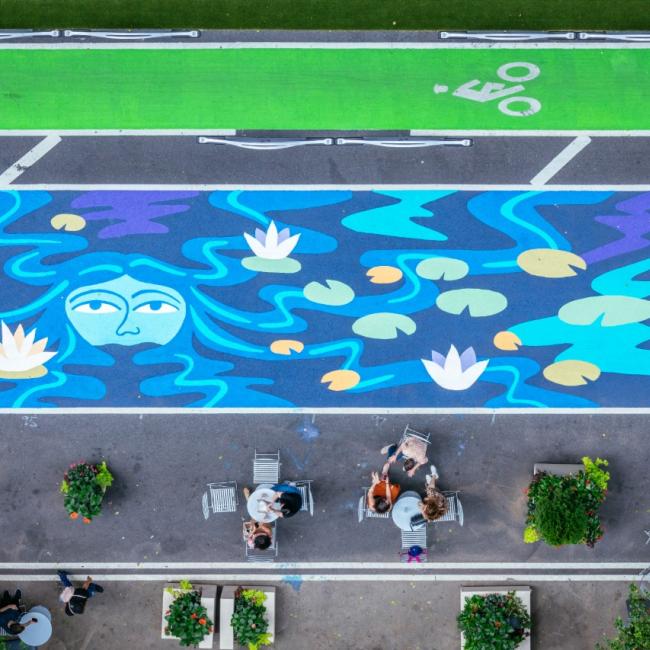 Overhead view of mural painted on street