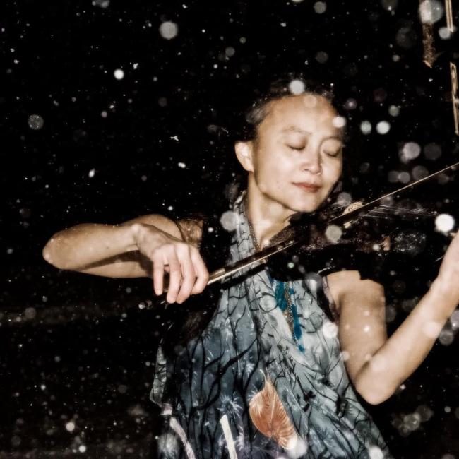 A woman artfully plays the violin